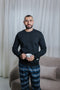 Men Winter Pajama Set Black T-shirt + Grey x Off-white Checkered Pants